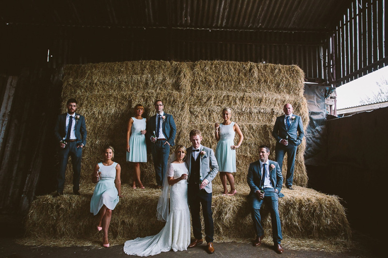 bridesmaids in mint green, ted baker bridesmaids dresses, summer wedding, rustic barn wedding, peach wedding bouquet, jonny draper photography