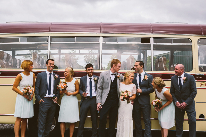 bridesmaids in mint green, ted baker bridesmaids dresses, summer wedding, rustic barn wedding, peach wedding bouquet, jonny draper photography